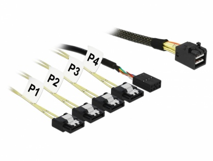 Cablu Mini SAS SFF-8643 > 4 x SATA 7 pini + Sideband 0.5m metal, Delock 83315